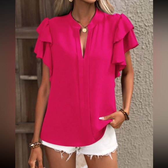 Boho Butterfly Flutter Sleeve Key Hole Tie Back Top Blouse - Picture 3 of 4